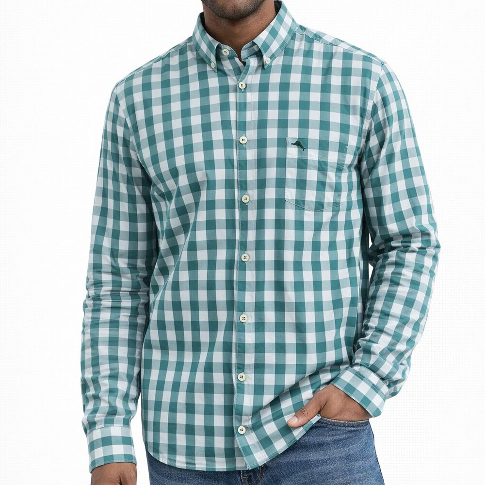 $125 Tommy Bahama Green White Gingham Pima Cotton Button Shirt Med Preppy Office